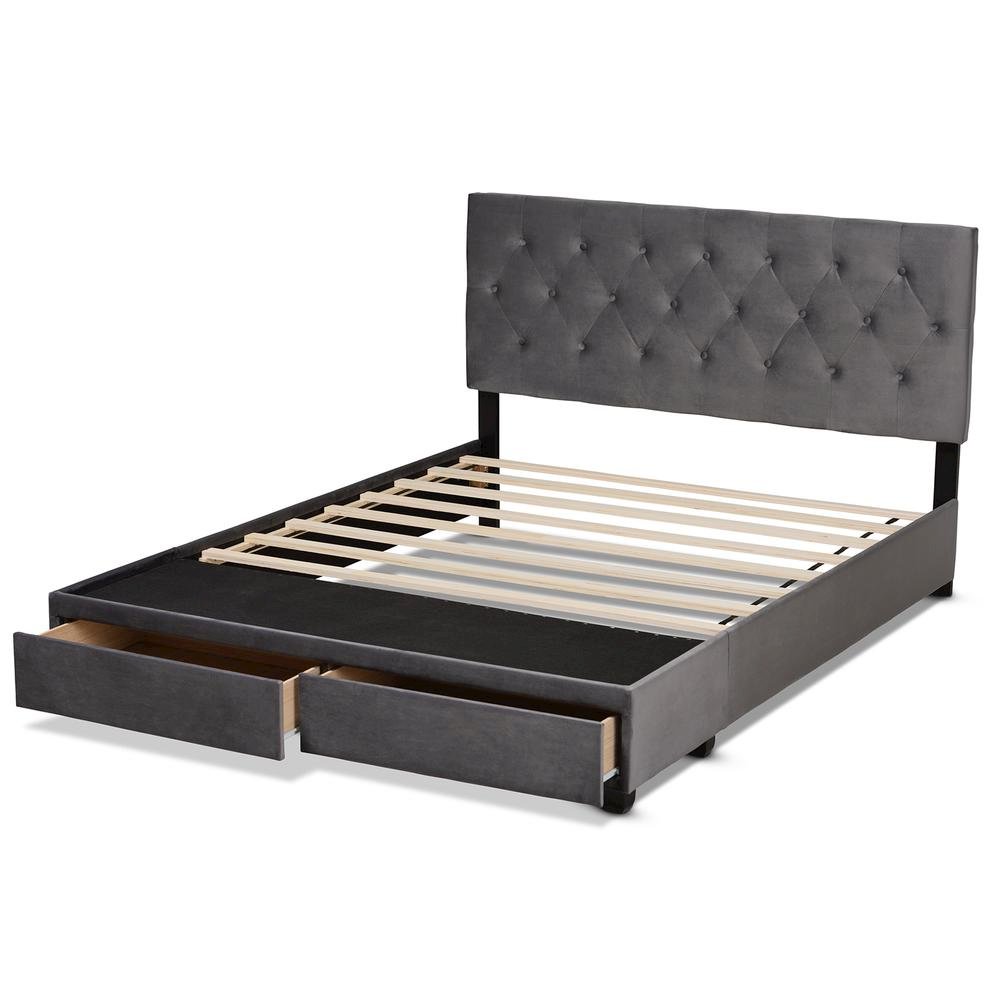 Grey Velvet Fabric Upholstered 2-Drawer Queen Size Platform Storage Bed. Picture 17