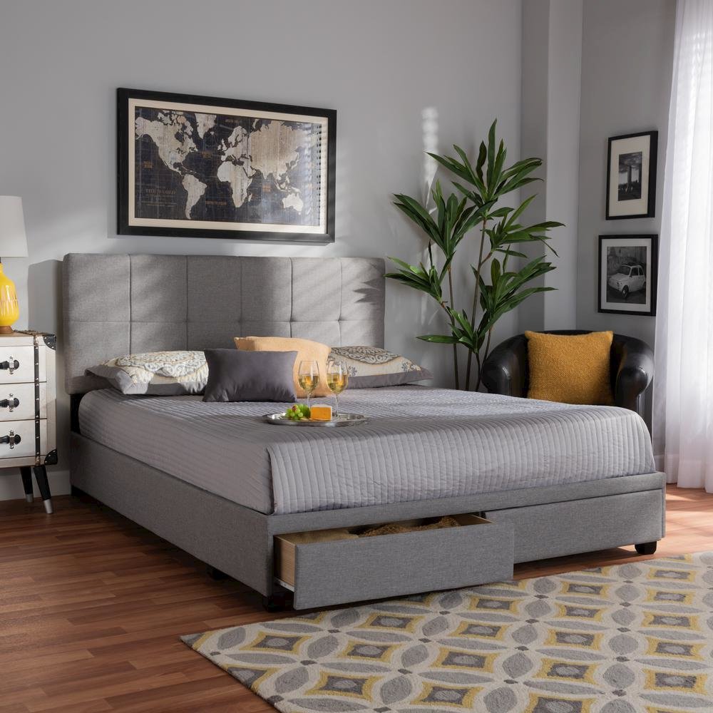 Netti Light Grey Fabric Upholstered 2-Drawer Queen Size Platform Storage Bed. Picture 21