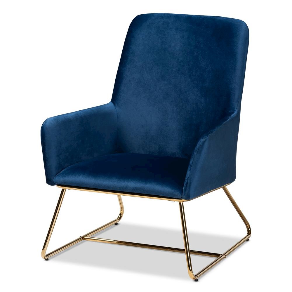 Sennet Glam and Luxe Navy Blue Velvet Fabric Upholstered Gold Finished Armchair. Picture 10