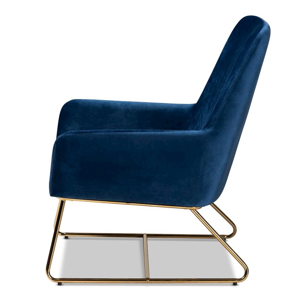 Sennet Glam and Luxe Navy Blue Velvet Fabric Upholstered Gold Finished Armchair. Picture 12