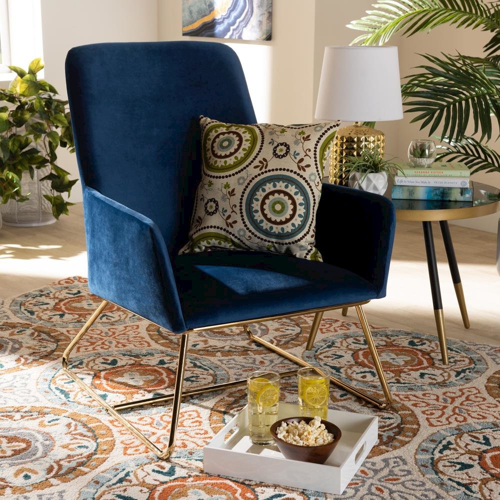 Sennet Glam and Luxe Navy Blue Velvet Fabric Upholstered Gold Finished Armchair. Picture 16