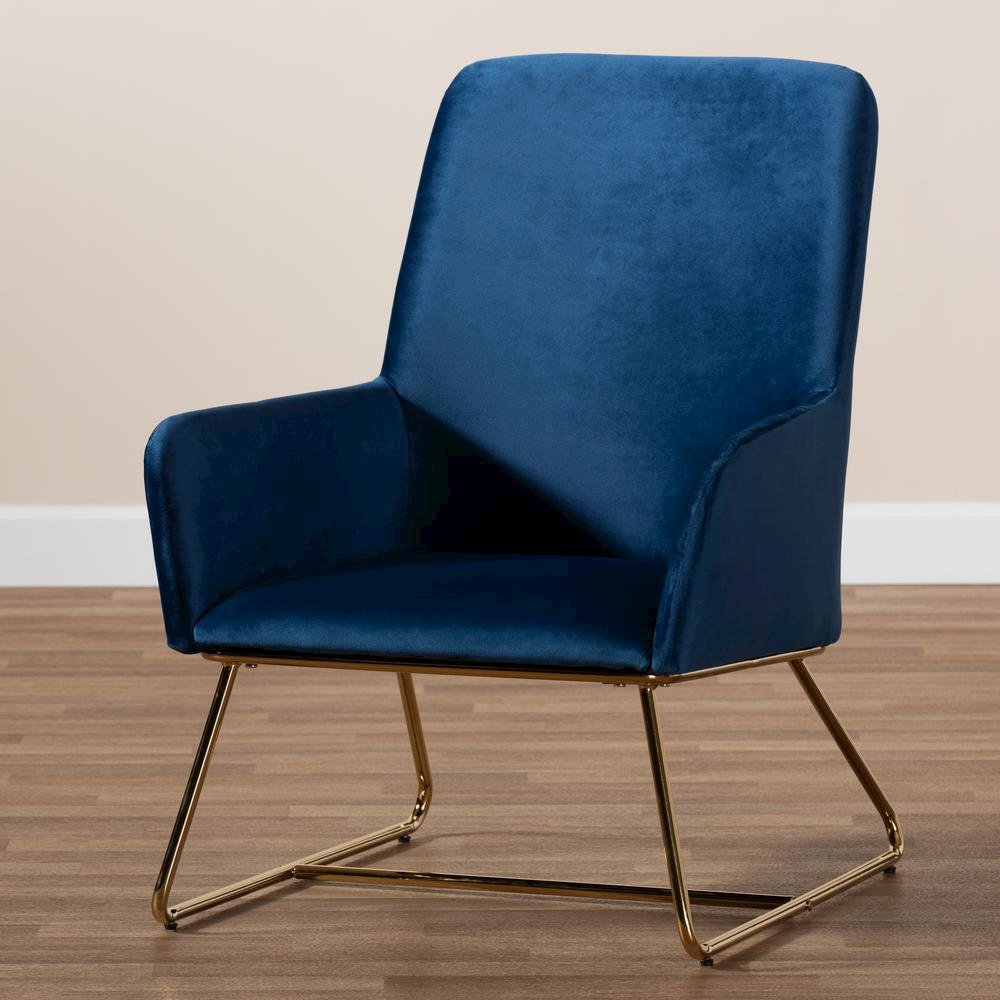 Sennet Glam and Luxe Navy Blue Velvet Fabric Upholstered Gold Finished Armchair. Picture 17