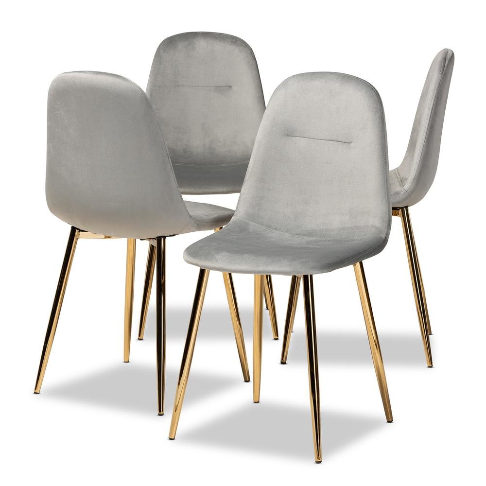 Luxe Grey Velvet Fabric Upholstered Gold Finished 4-Piece Metal Dining Chair Set. Picture 8