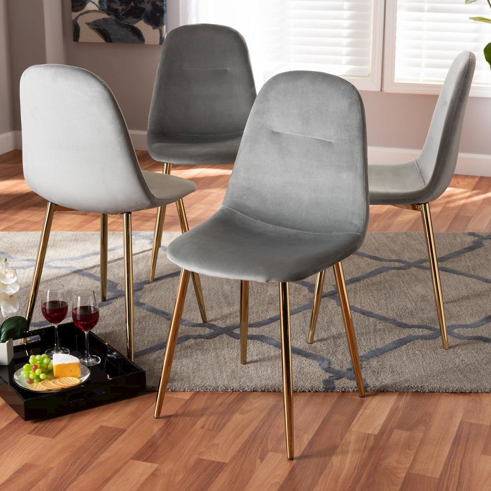 Luxe Grey Velvet Fabric Upholstered Gold Finished 4-Piece Metal Dining Chair Set. Picture 12