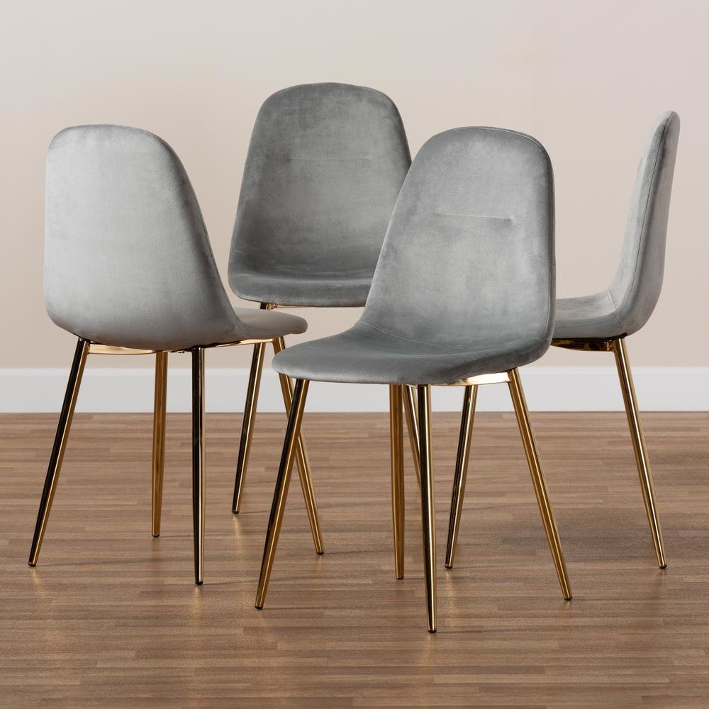 Luxe Grey Velvet Fabric Upholstered Gold Finished 4-Piece Metal Dining Chair Set. Picture 13