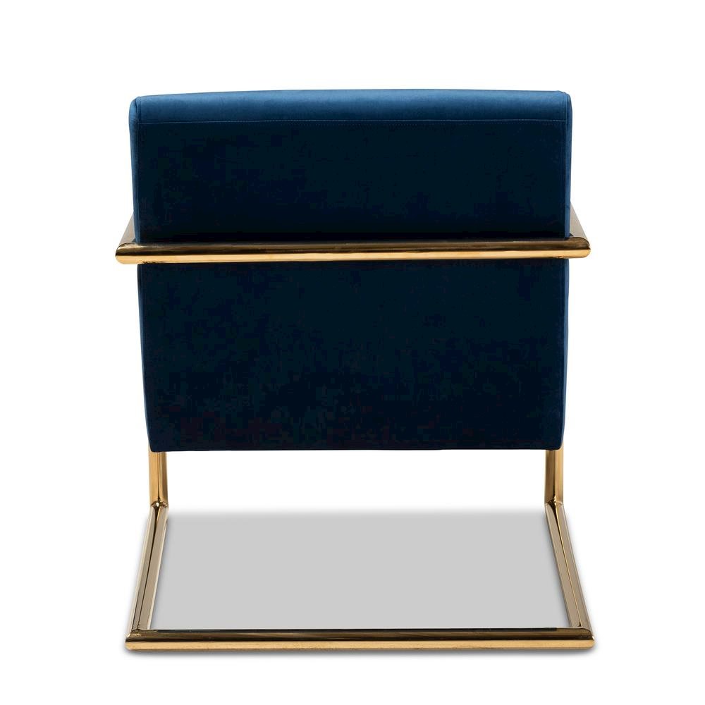Luxe Navy Blue Velvet Fabric Upholstered Gold Finished Metal Lounge Chair. Picture 12