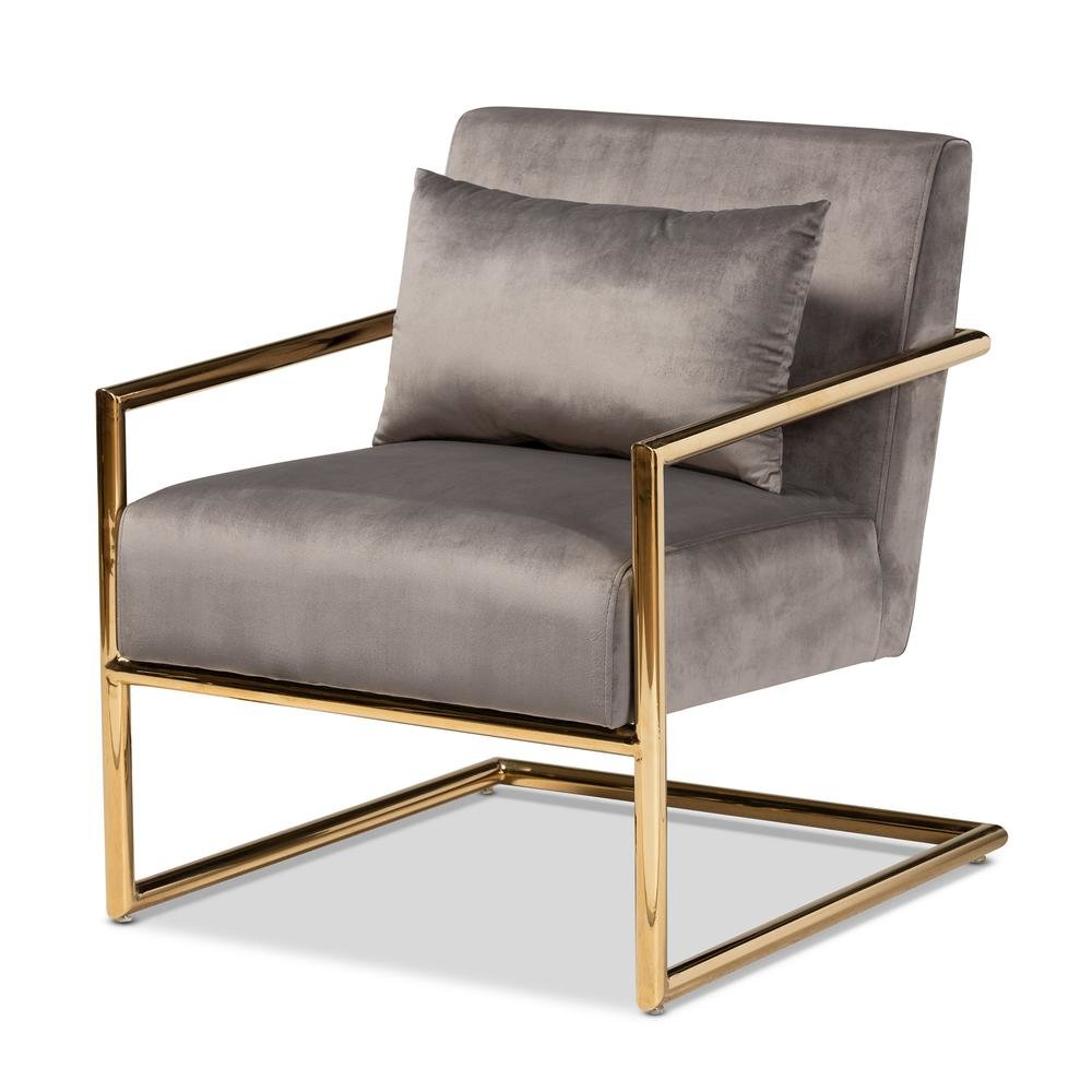 Luxe Grey Velvet Fabric Upholstered Gold Finished Metal Lounge Chair. Picture 9