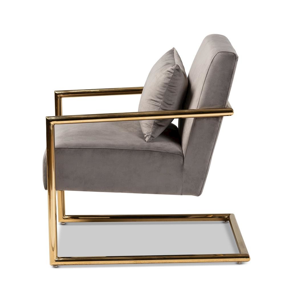 Luxe Grey Velvet Fabric Upholstered Gold Finished Metal Lounge Chair. Picture 11
