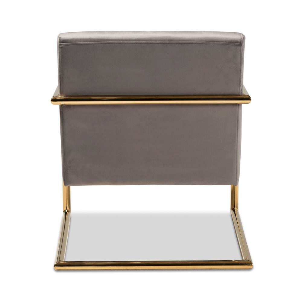Luxe Grey Velvet Fabric Upholstered Gold Finished Metal Lounge Chair. Picture 12
