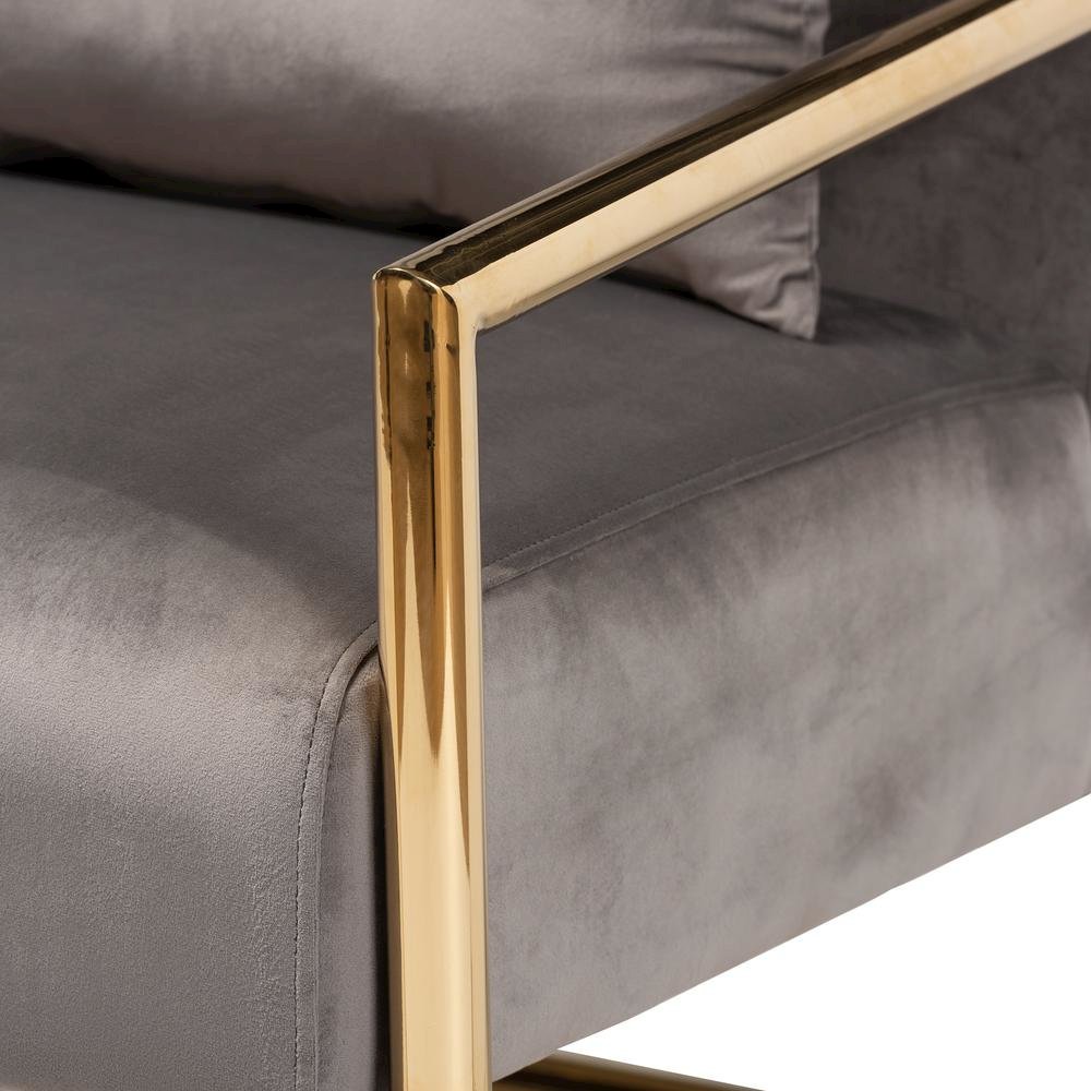 Luxe Grey Velvet Fabric Upholstered Gold Finished Metal Lounge Chair. Picture 13