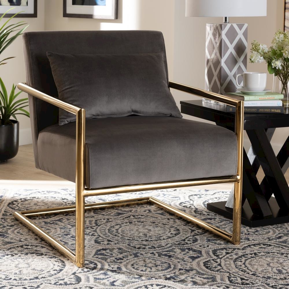 Luxe Grey Velvet Fabric Upholstered Gold Finished Metal Lounge Chair. Picture 14