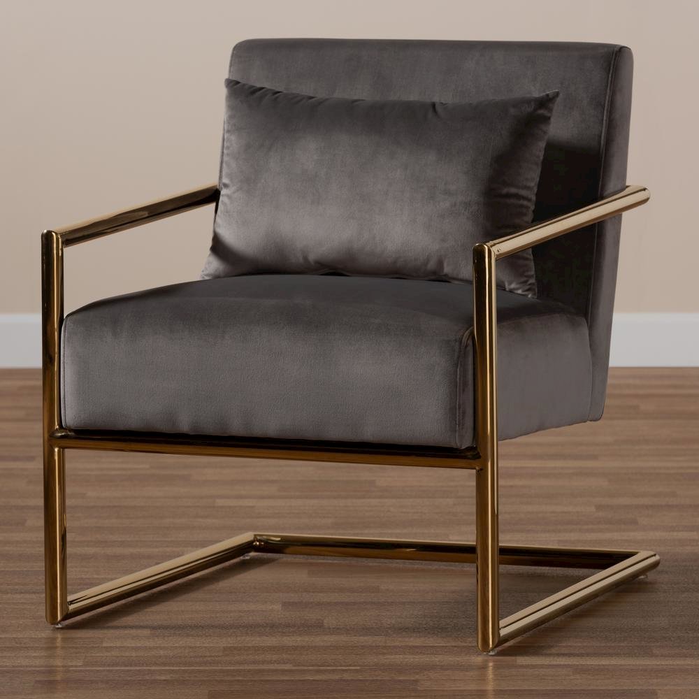 Luxe Grey Velvet Fabric Upholstered Gold Finished Metal Lounge Chair. Picture 15