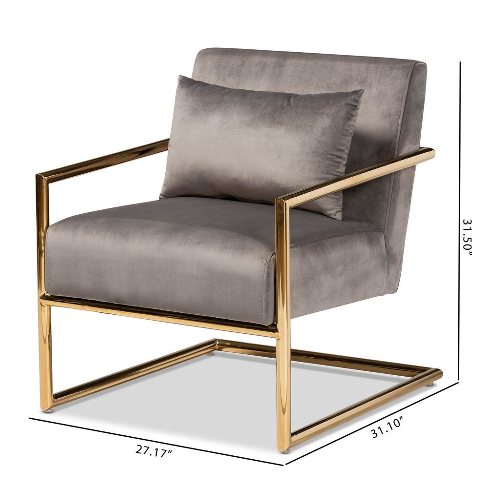 Luxe Grey Velvet Fabric Upholstered Gold Finished Metal Lounge Chair. Picture 16