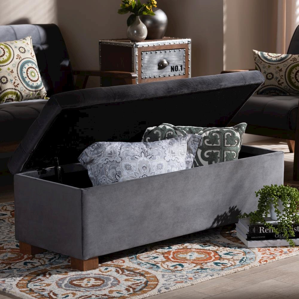 Grey Velvet Fabric Upholstered Grid-Tufted Storage Ottoman Bench. Picture 20