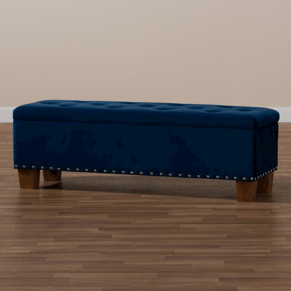 Navy Blue Velvet Fabric Upholstered Button-Tufted Storage Ottoman Bench. Picture 21