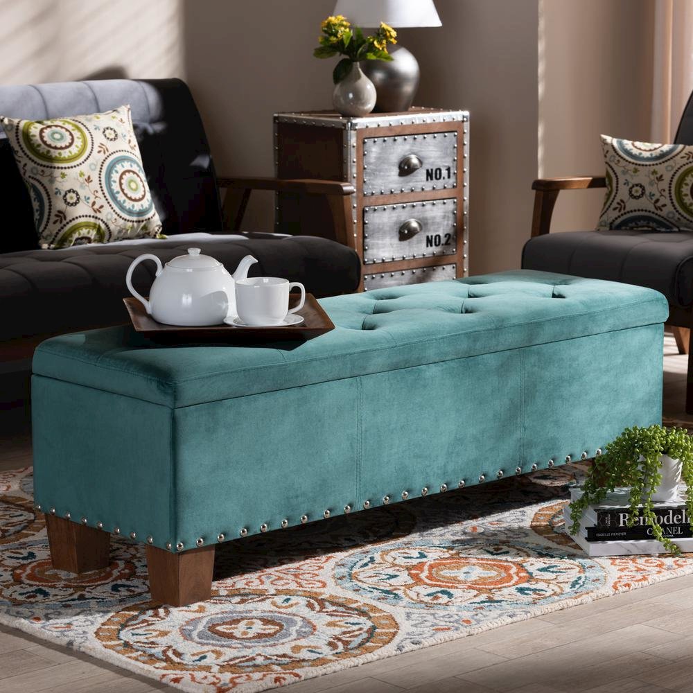 Teal Blue Velvet Fabric Upholstered Button-Tufted Storage Ottoman Bench. Picture 19