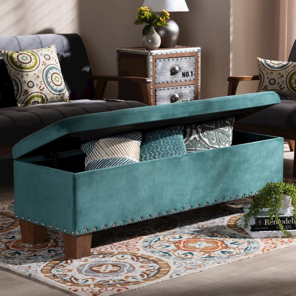 Teal Blue Velvet Fabric Upholstered Button-Tufted Storage Ottoman Bench. Picture 20