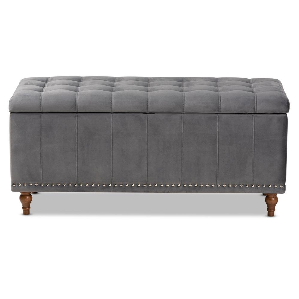 Grey Velvet Fabric Upholstered Button-Tufted Storage Ottoman Bench. Picture 16