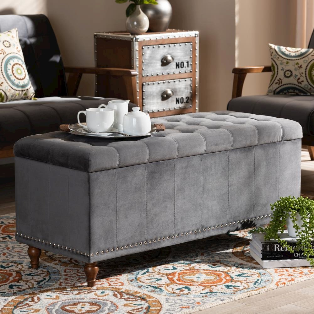 Grey Velvet Fabric Upholstered Button-Tufted Storage Ottoman Bench. Picture 19