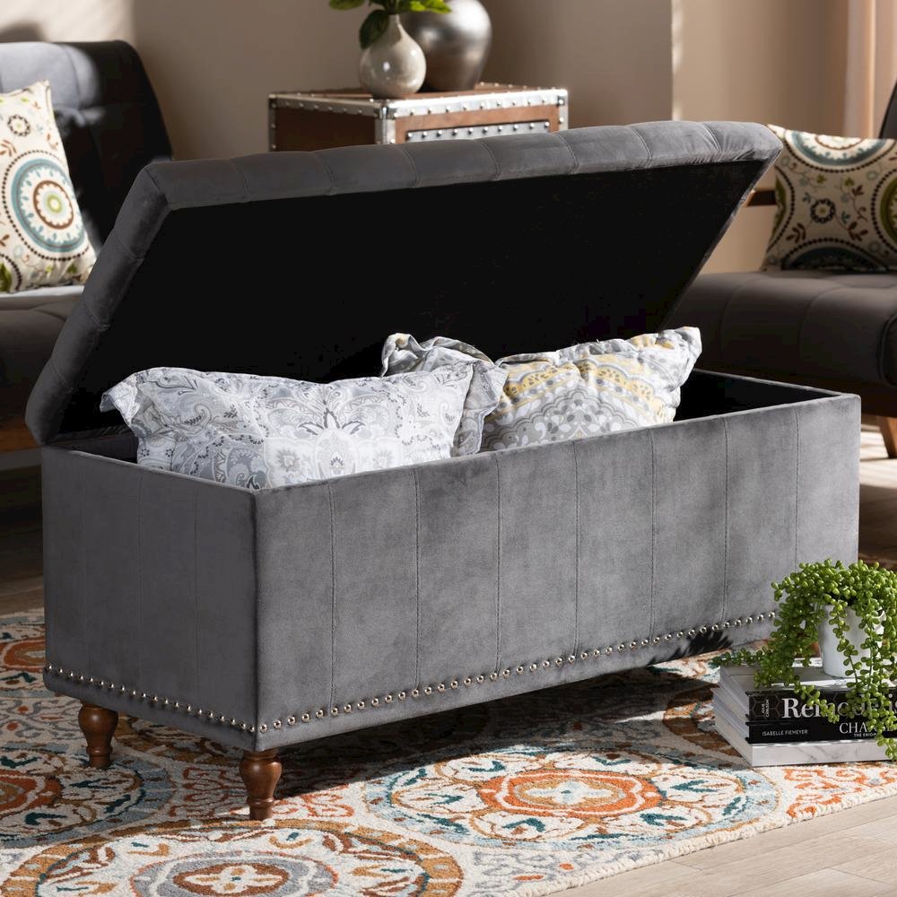 Grey Velvet Fabric Upholstered Button-Tufted Storage Ottoman Bench. Picture 20