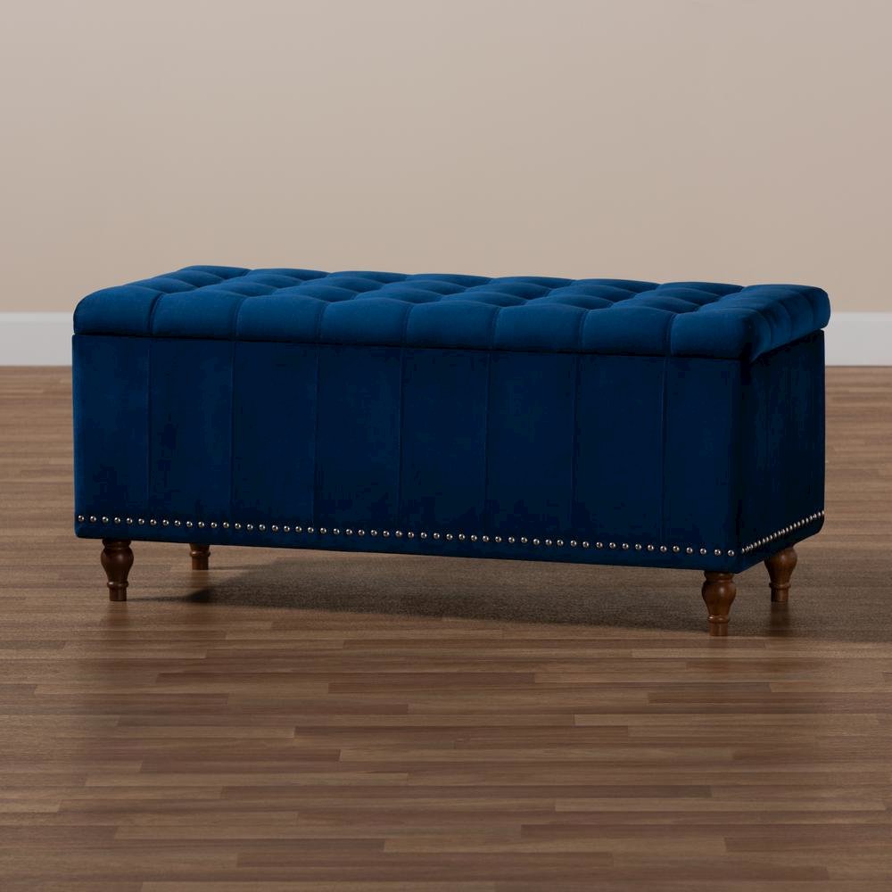 Navy Blue Velvet Fabric Upholstered Button-Tufted Storage Ottoman Bench. Picture 21