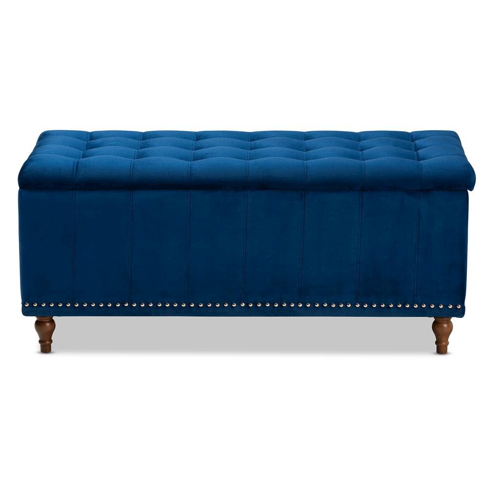 Navy Blue Velvet Fabric Upholstered Button-Tufted Storage Ottoman Bench. Picture 14