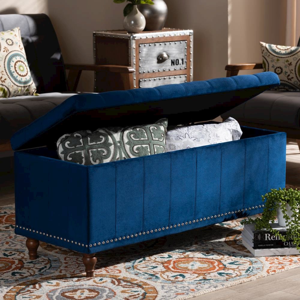 Navy Blue Velvet Fabric Upholstered Button-Tufted Storage Ottoman Bench. Picture 20