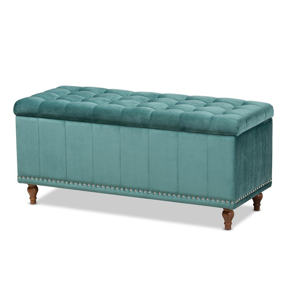 Teal Blue Velvet Fabric Upholstered Button-Tufted Storage Ottoman Bench. Picture 12