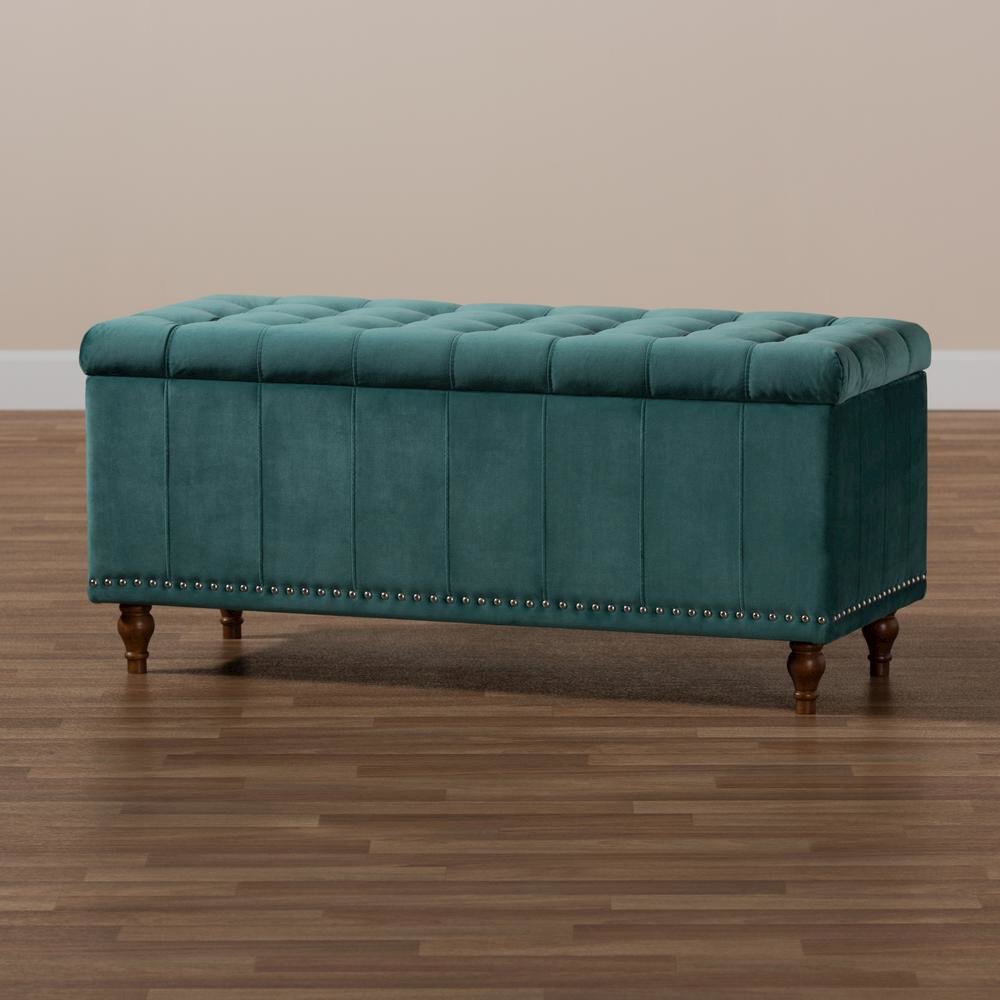Teal Blue Velvet Fabric Upholstered Button-Tufted Storage Ottoman Bench. Picture 21