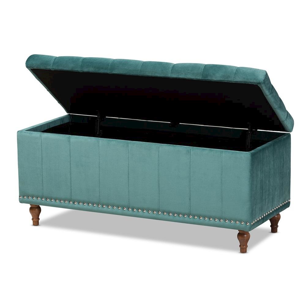 Teal Blue Velvet Fabric Upholstered Button-Tufted Storage Ottoman Bench. Picture 13