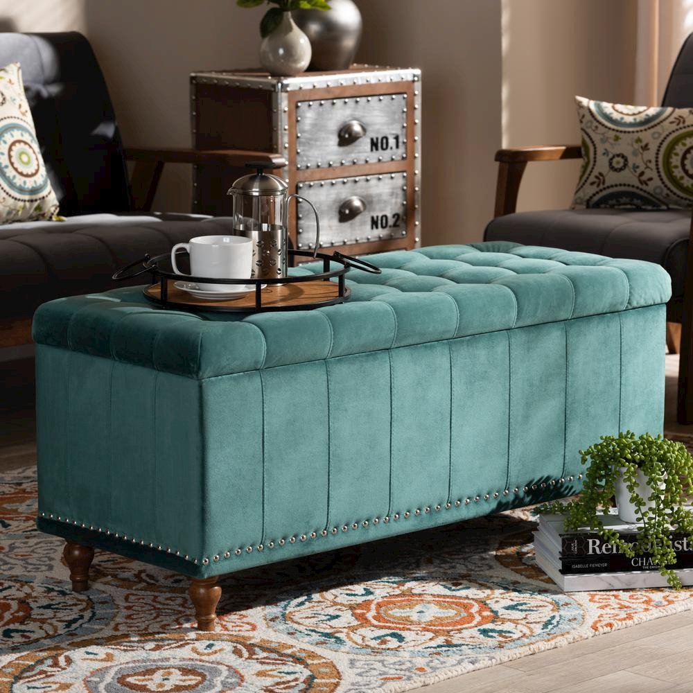 Teal Blue Velvet Fabric Upholstered Button-Tufted Storage Ottoman Bench. Picture 19