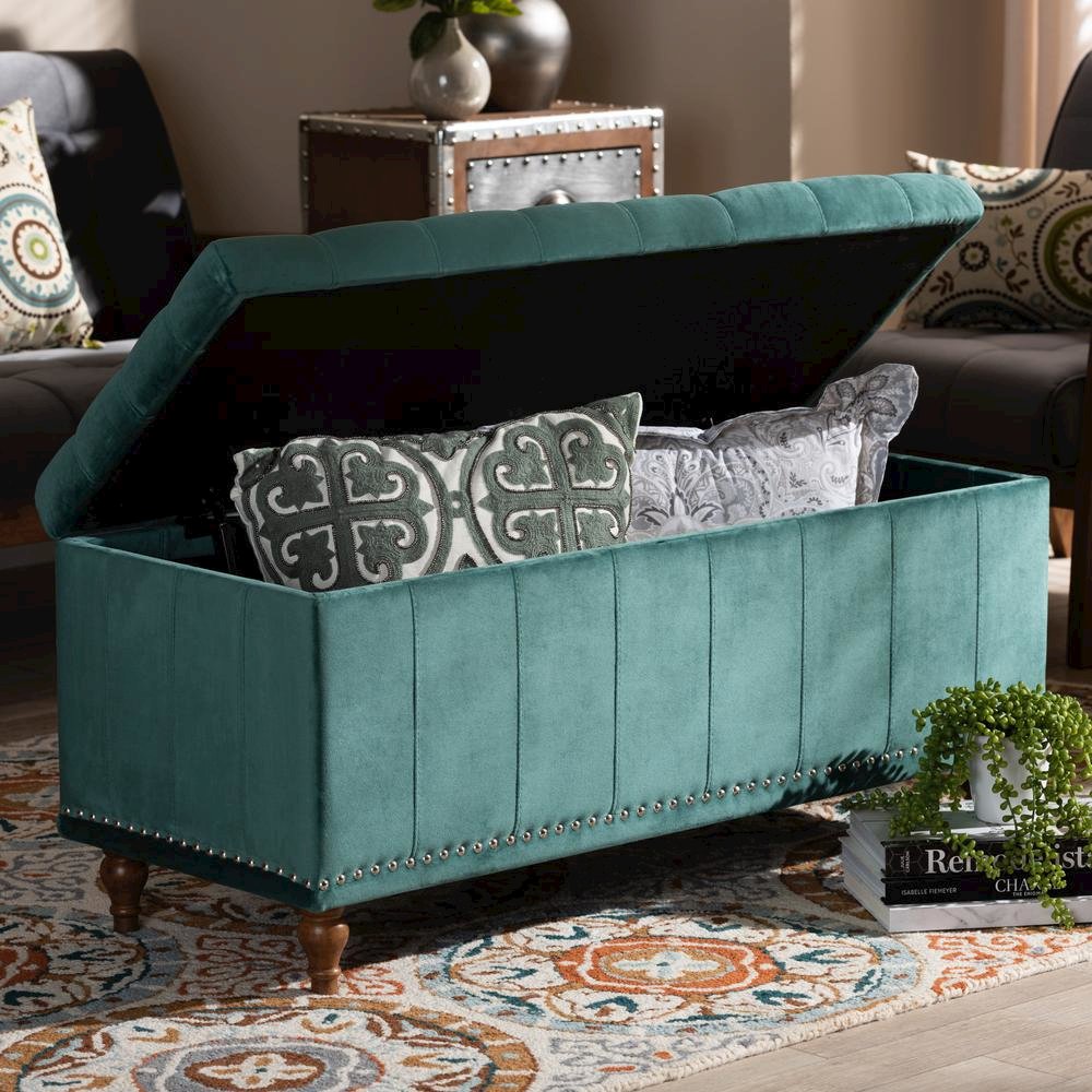 Teal Blue Velvet Fabric Upholstered Button-Tufted Storage Ottoman Bench. Picture 20