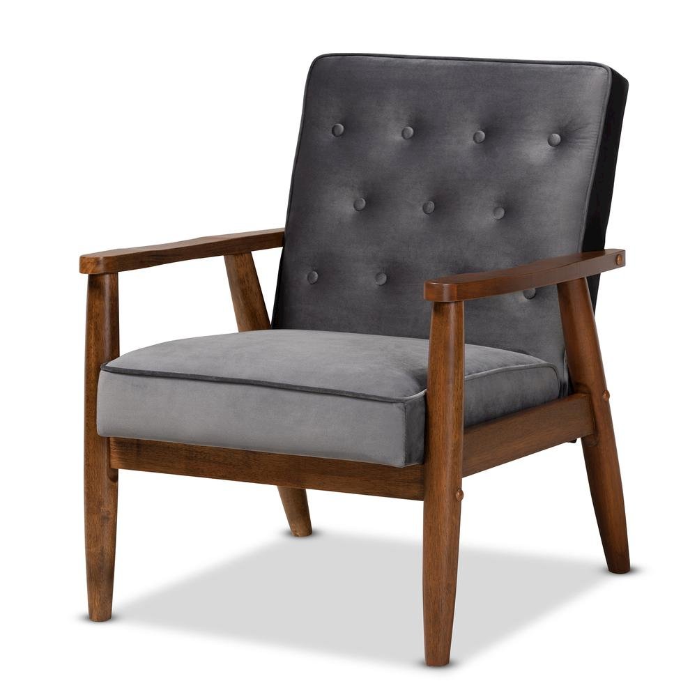 Grey Velvet Fabric Upholstered Walnut Finished Wooden Lounge Chair. Picture 10