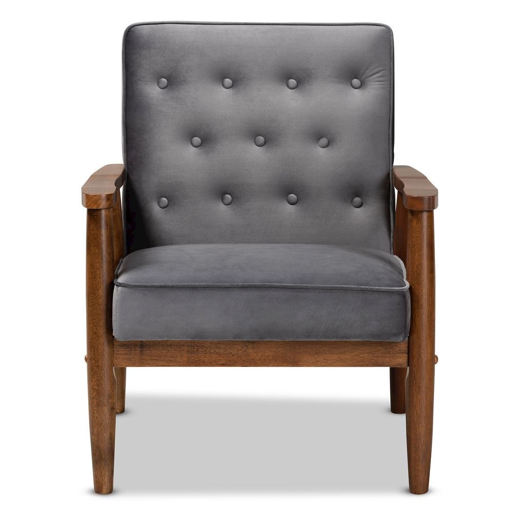 Grey Velvet Fabric Upholstered Walnut Finished Wooden Lounge Chair. Picture 11