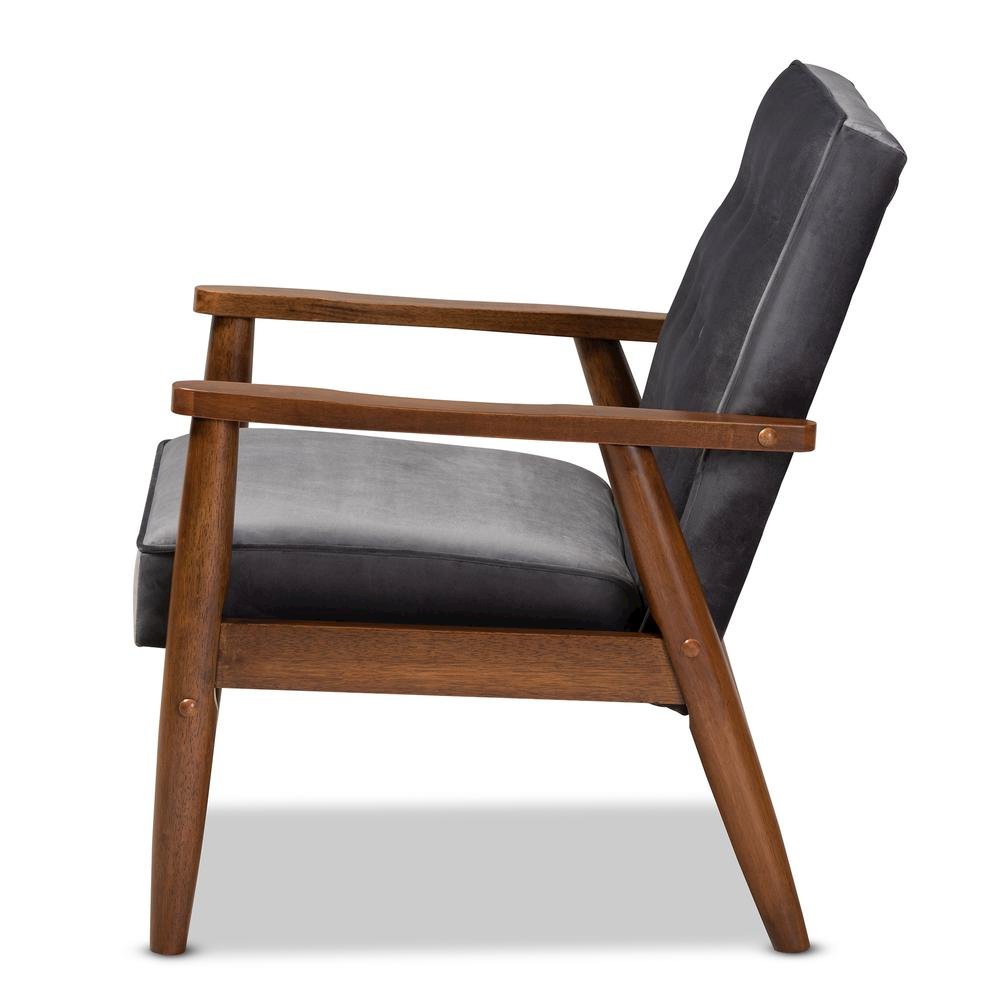 Grey Velvet Fabric Upholstered Walnut Finished Wooden Lounge Chair. Picture 12