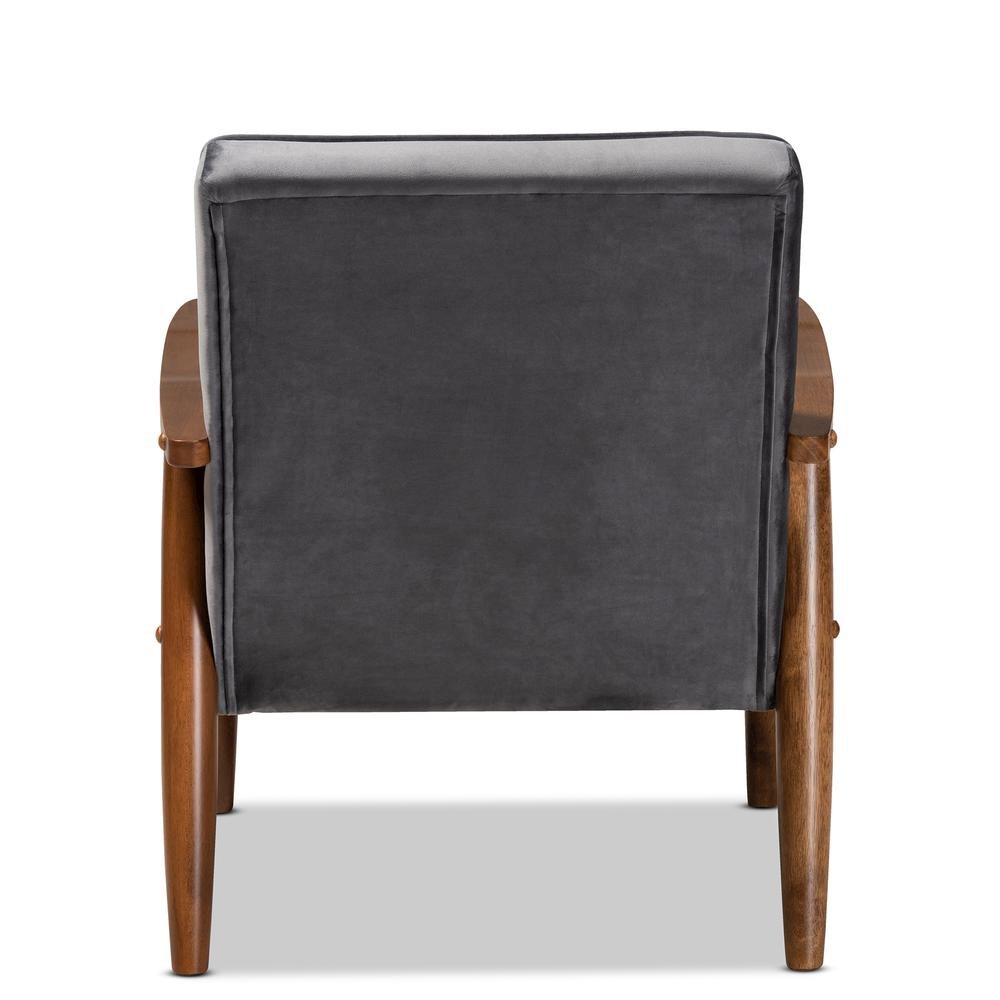 Grey Velvet Fabric Upholstered Walnut Finished Wooden Lounge Chair. Picture 13