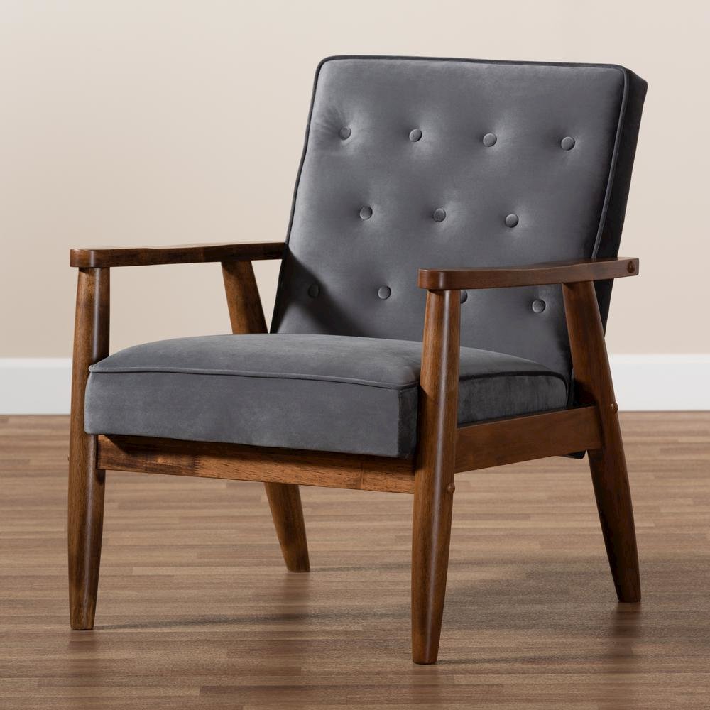Grey Velvet Fabric Upholstered Walnut Finished Wooden Lounge Chair. Picture 17