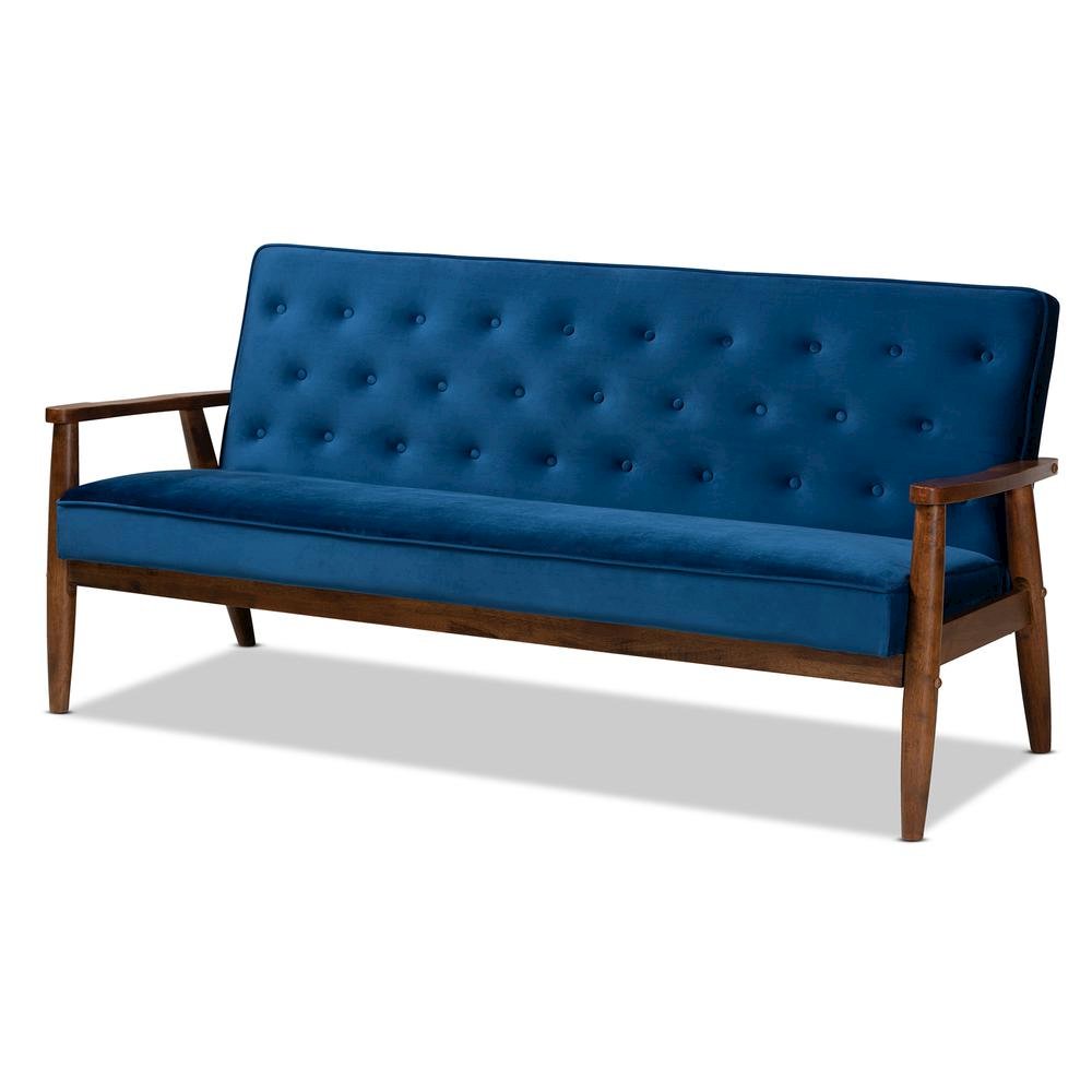 Navy Blue Velvet Fabric Upholstered Walnut Finished Wooden 3-seater Sofa. Picture 10