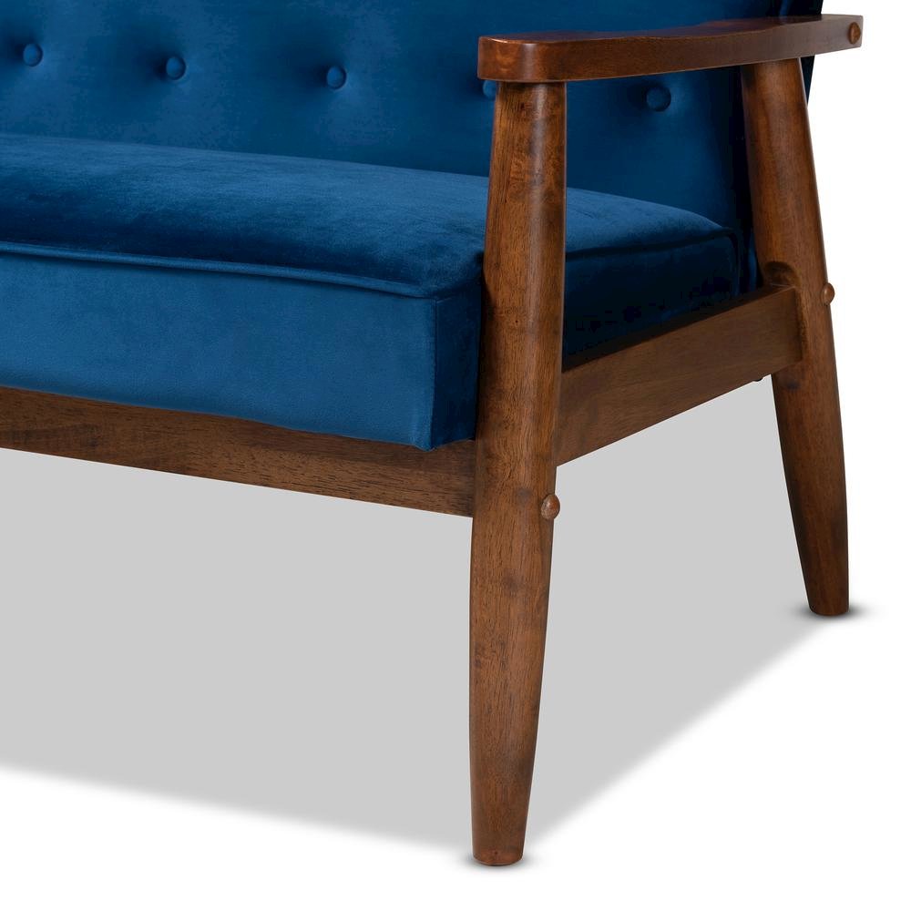 Navy Blue Velvet Fabric Upholstered Walnut Finished Wooden 3-seater Sofa. Picture 15