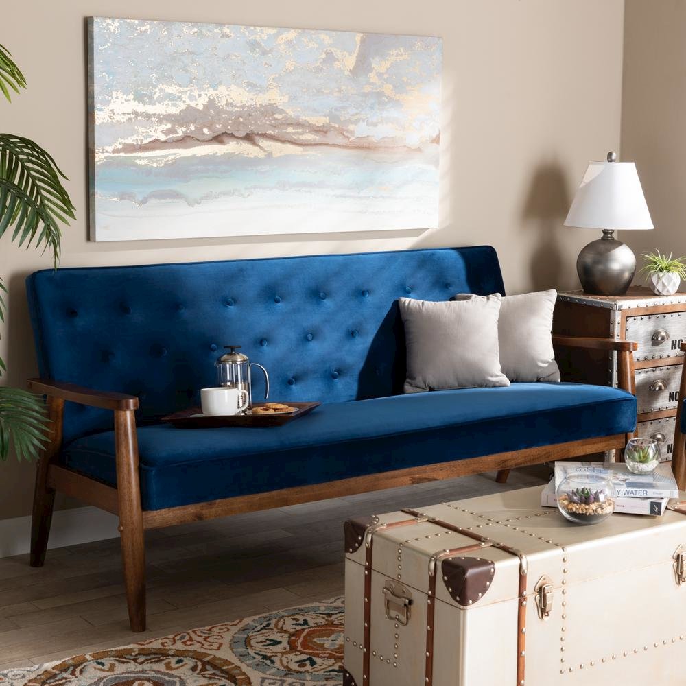 Navy Blue Velvet Fabric Upholstered Walnut Finished Wooden 3-seater Sofa. Picture 16