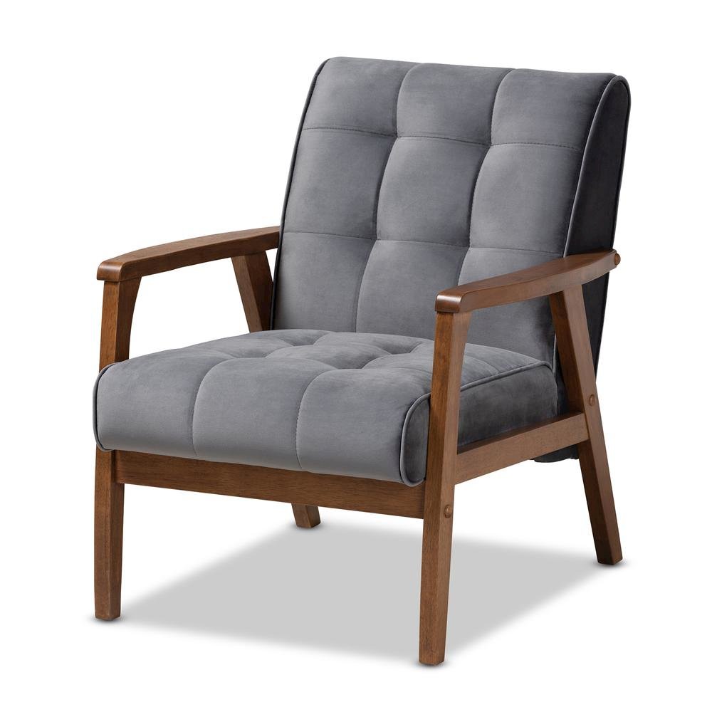 Grey Velvet Fabric Upholstered Walnut Finished Wood Armchair. Picture 10