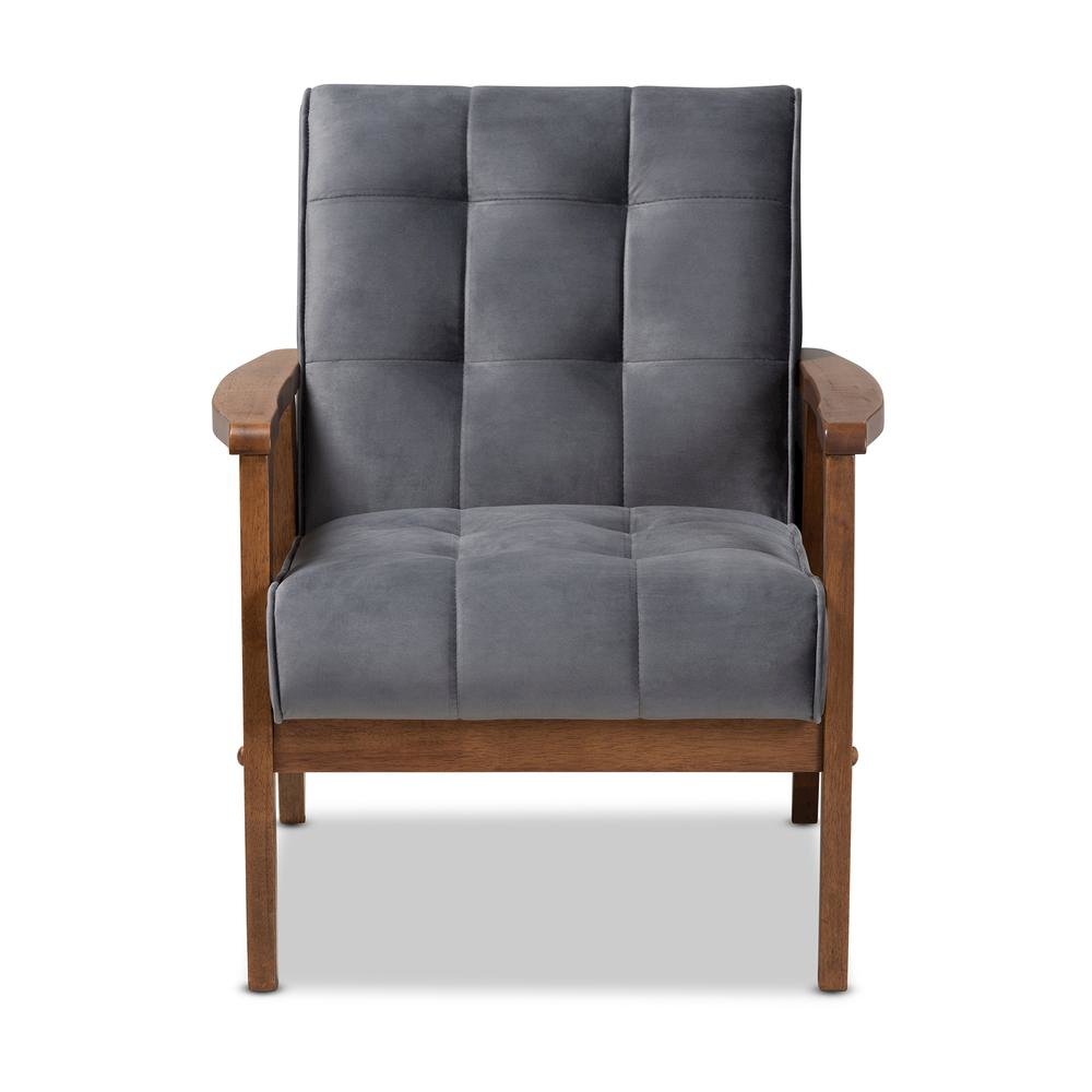 Grey Velvet Fabric Upholstered Walnut Finished Wood Armchair. Picture 11