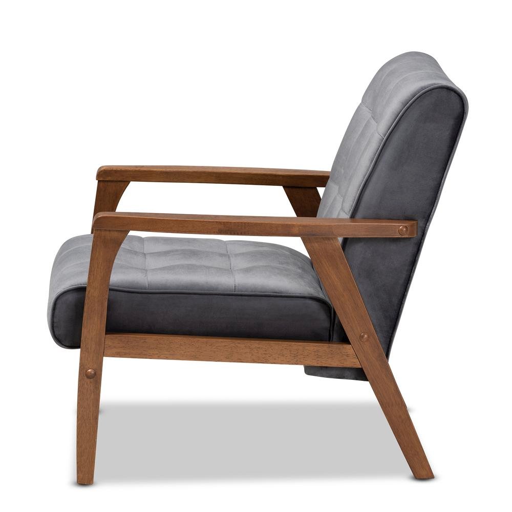 Grey Velvet Fabric Upholstered Walnut Finished Wood Armchair. Picture 12