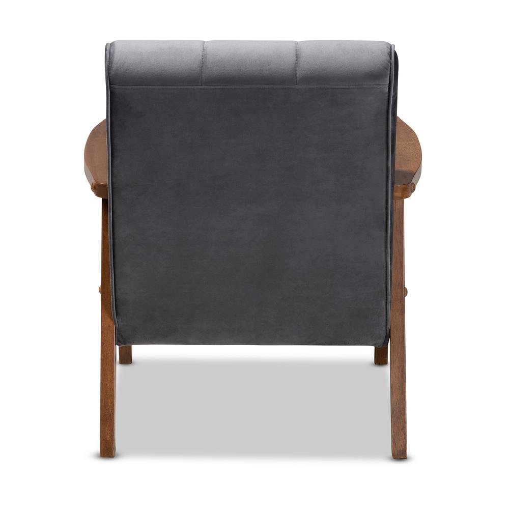 Grey Velvet Fabric Upholstered Walnut Finished Wood Armchair. Picture 13