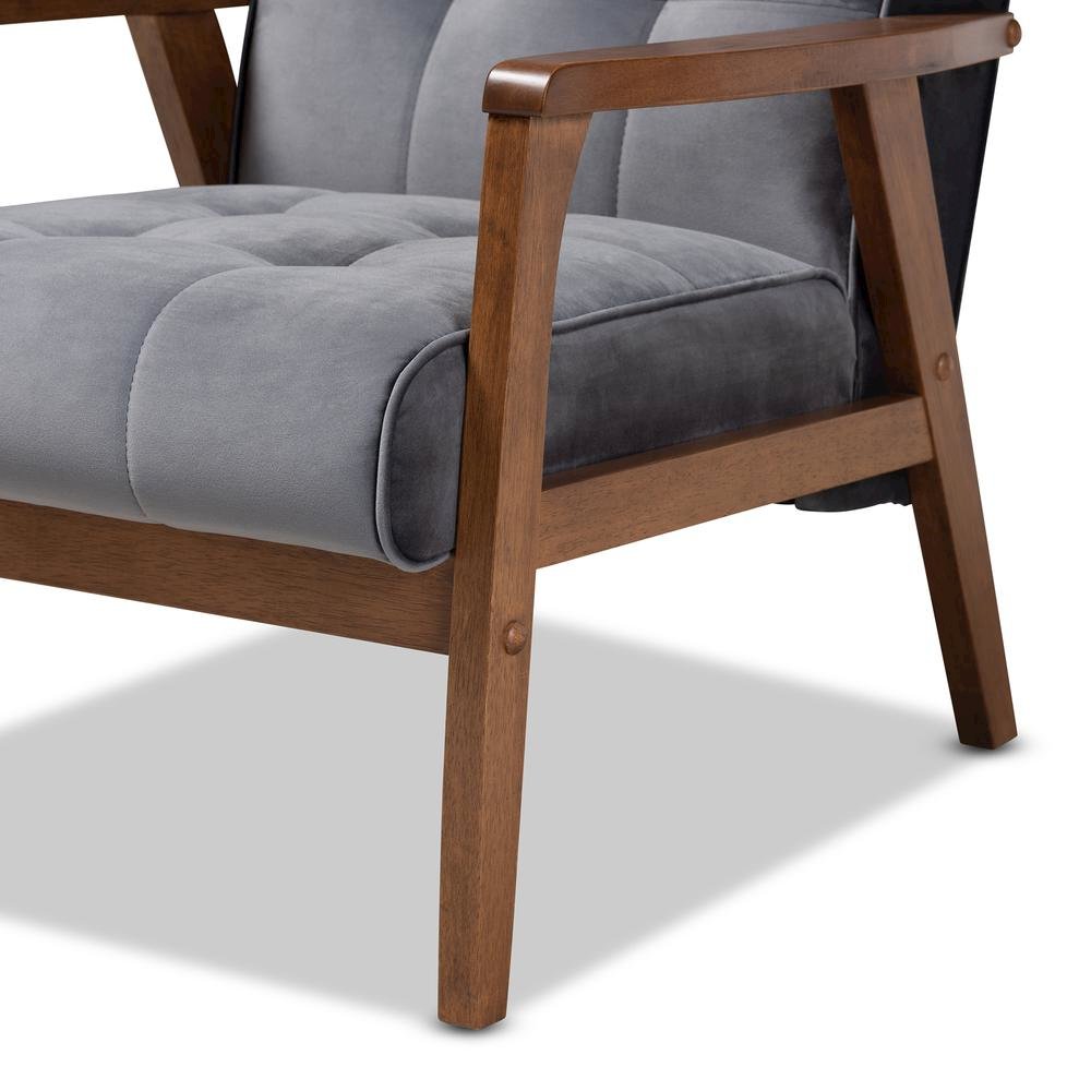 Grey Velvet Fabric Upholstered Walnut Finished Wood Armchair. Picture 15