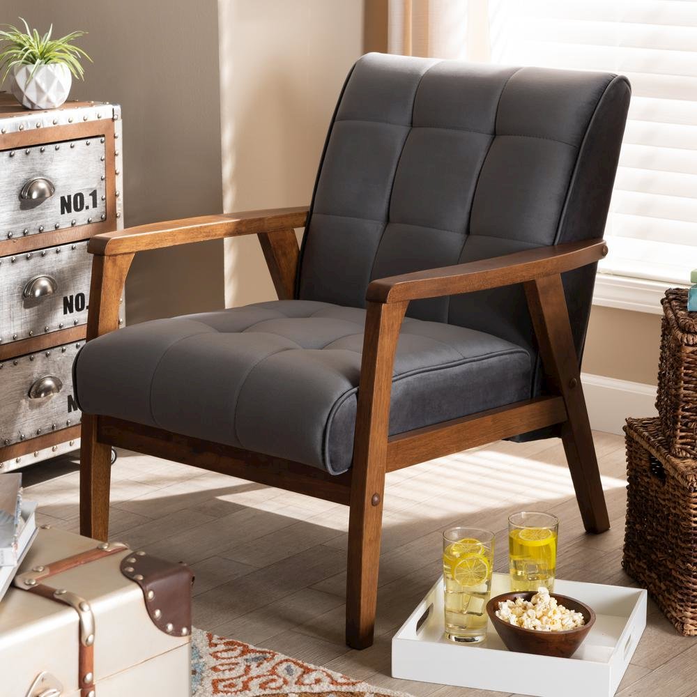 Grey Velvet Fabric Upholstered Walnut Finished Wood Armchair. Picture 16