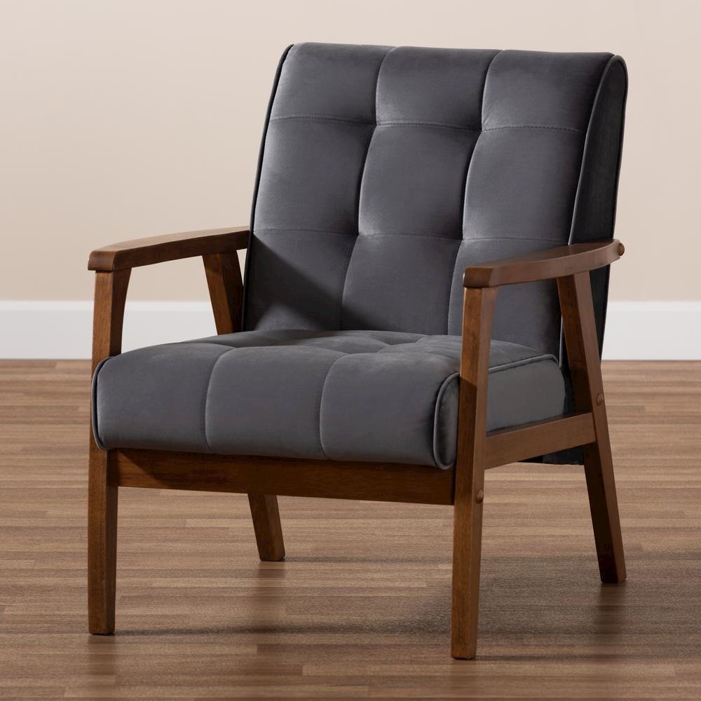 Grey Velvet Fabric Upholstered Walnut Finished Wood Armchair. Picture 17