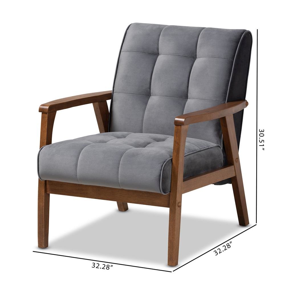 Grey Velvet Fabric Upholstered Walnut Finished Wood Armchair. Picture 18