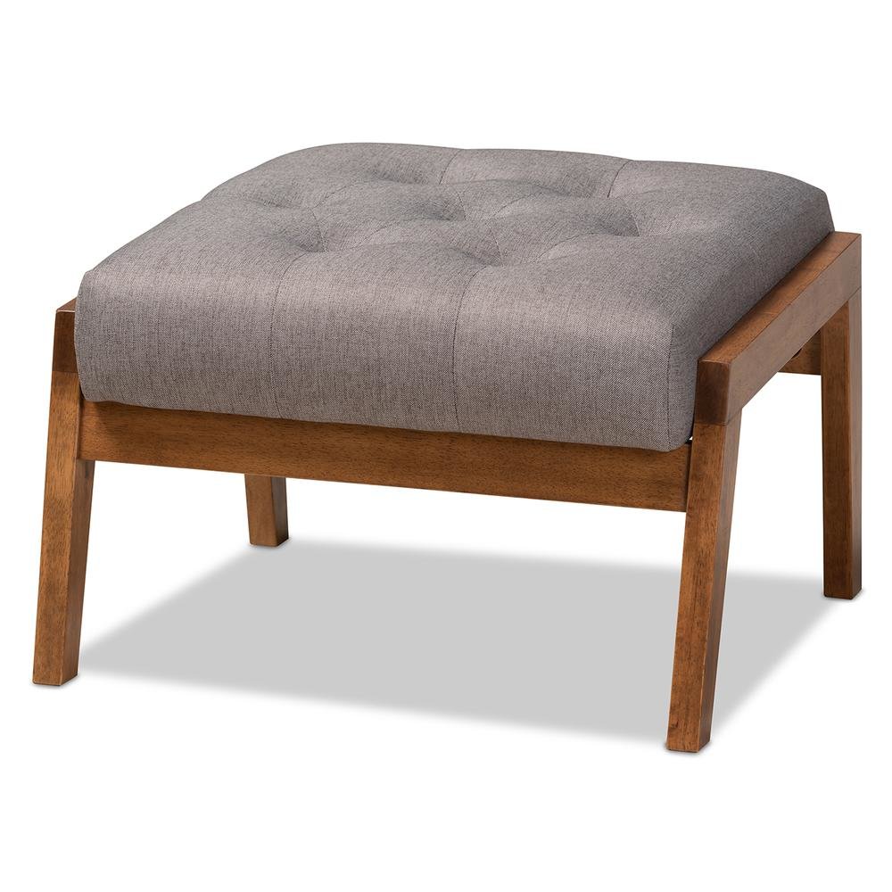 Naeva Mid-Century Modern Grey Fabric Upholstered Walnut Finished Wood Footstool. Picture 10