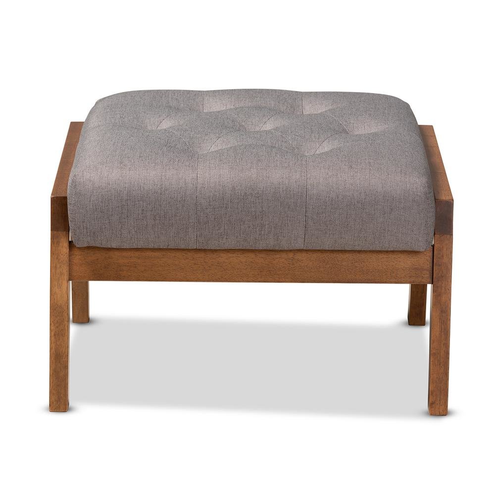 Naeva Mid-Century Modern Grey Fabric Upholstered Walnut Finished Wood Footstool. Picture 11
